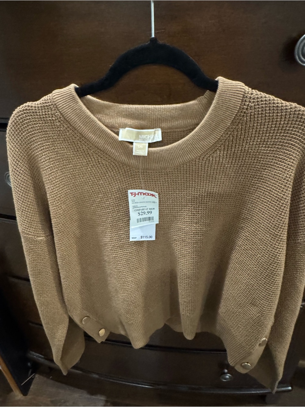 MICHAEL Michael Kors Camel Button-Hem Crewneck Sweater size L